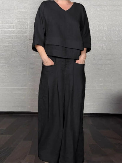 Ensemble Femme Décontracté – Haut V Col Oversize – Pantalon Large Taille Haute – Coton Lin