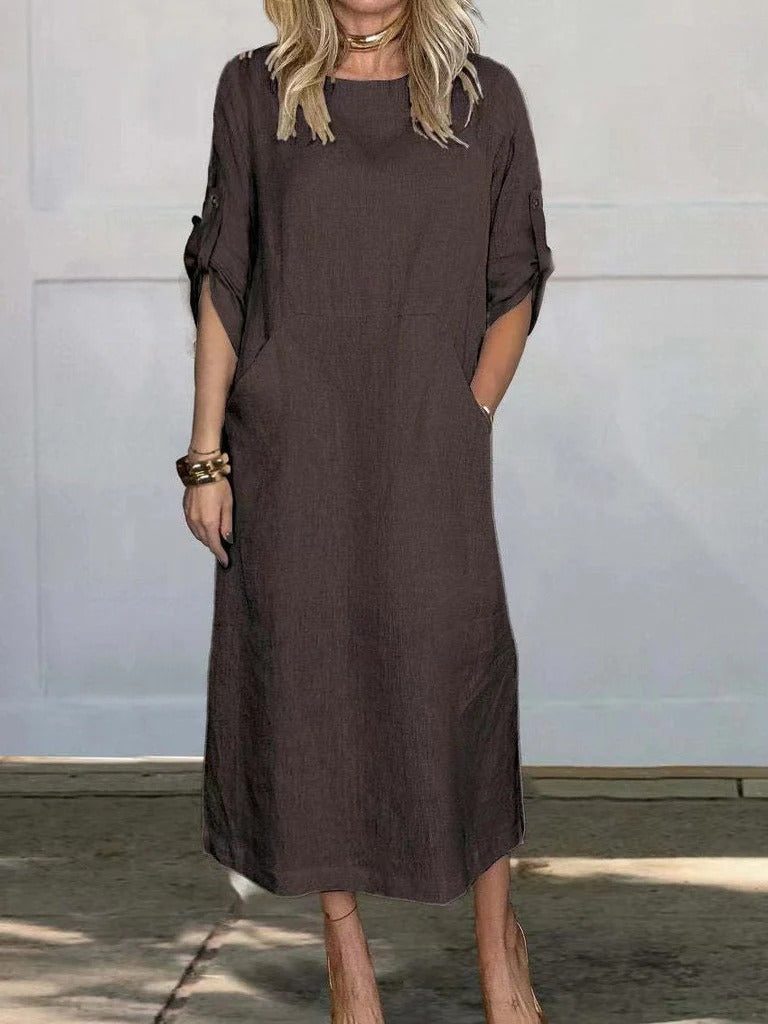 Robe midi femme – Coupe décontractée – Lin doux – Manches retroussables – Poches côtés