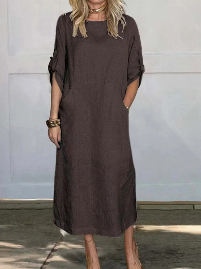 Robe midi femme – Coupe décontractée – Lin doux – Manches retroussables – Poches côtés