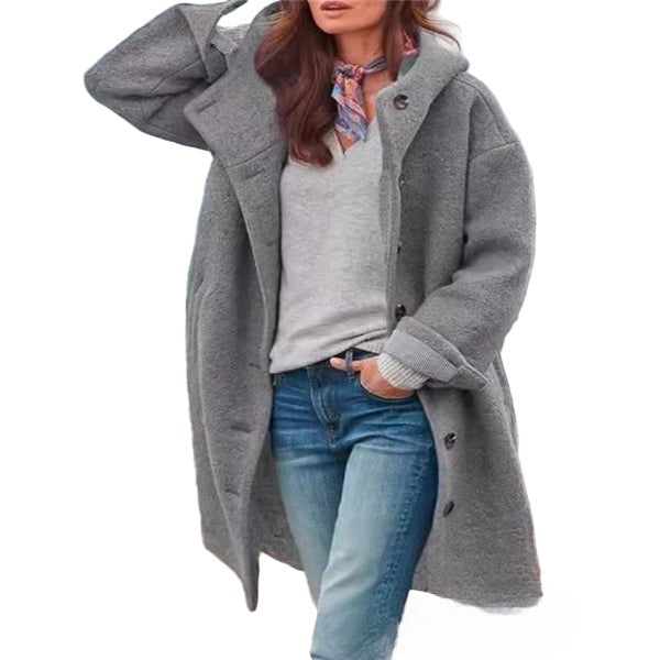 Manteau femme long – Coupe oversize – Tissu effet laine – Capuche – Boutonnage devant