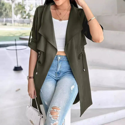 Manteau trench femme – Coupe décontractée – Taille ajustable – Manches retroussées – Longueur mi-cuisse