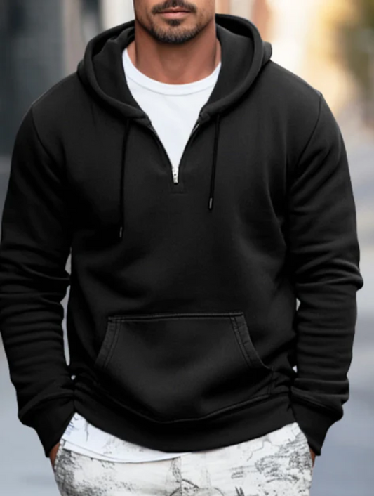 Sweat à capuche homme – Coupe décontractée – Coton – Zip quart – Poche kangourou
