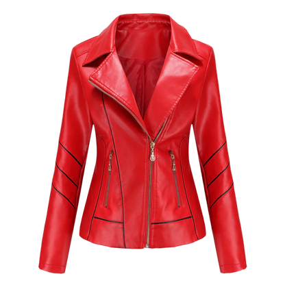 Veste en cuir femme – Coupe ajustée – Zip asymétrique – Col à revers – Style biker