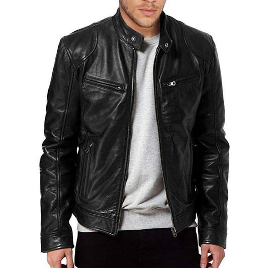Veste biker homme – Cuir lisse – Coupe structurée – Col pression – Poches zippées