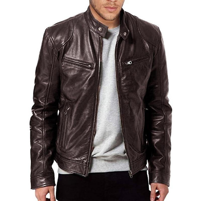 Veste biker homme – Cuir lisse – Coupe structurée – Col pression – Poches zippées