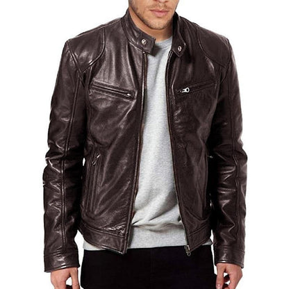 Veste biker homme – Cuir lisse – Coupe structurée – Col pression – Poches zippées