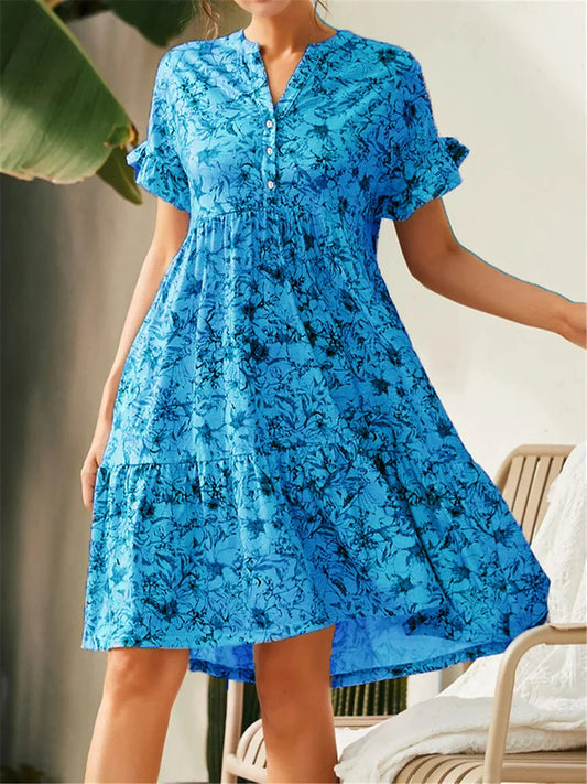 Robe Femme A-Ligne – Tissu Respirant – Imprimé Fleuri – Manches Volants – Col V