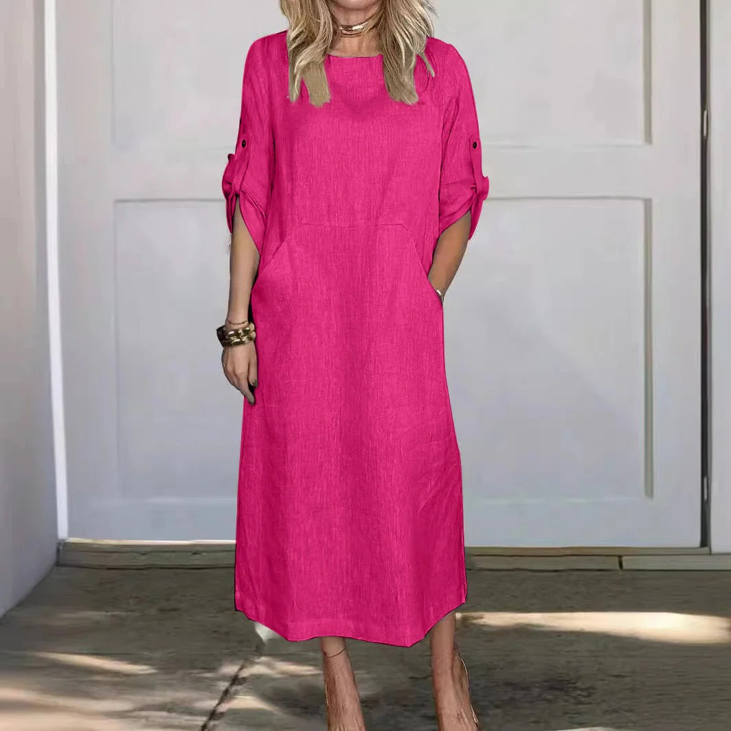 Robe midi femme – Coupe décontractée – Lin doux – Manches retroussables – Poches côtés