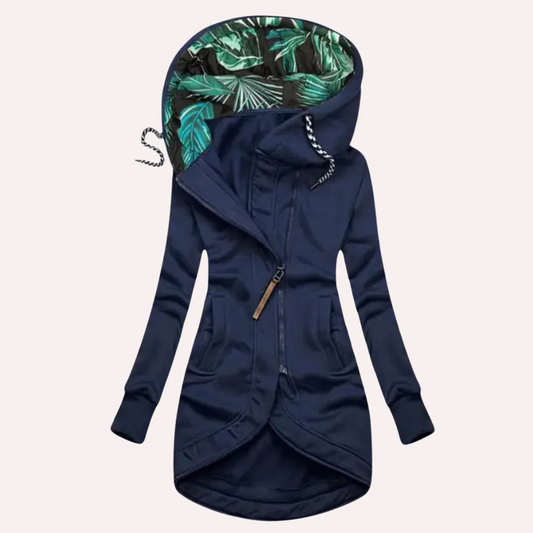 Veste femme – Coupe slim – Longue en polaire – Capuche à motif – Fermeture asymétrique