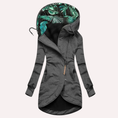 Veste femme – Coupe slim – Longue en polaire – Capuche à motif – Fermeture asymétrique
