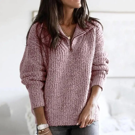 Pull à demi-zip femme – Coupe décontractée – Maille épaisse – Mélange laine doux