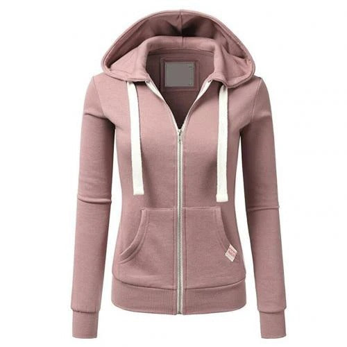 Hoodie zippé femme – Coupe slim – Mélange coton – Poche kangourou – Ourlet côtelé