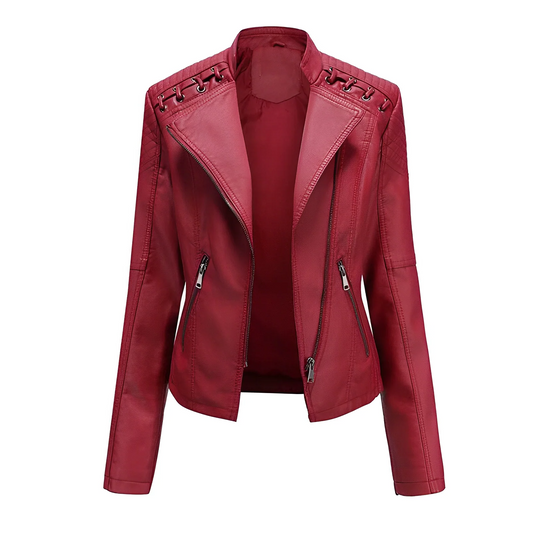Veste en cuir femme – Coupe ajustée – Zip asymétrique – Épaules matelassées