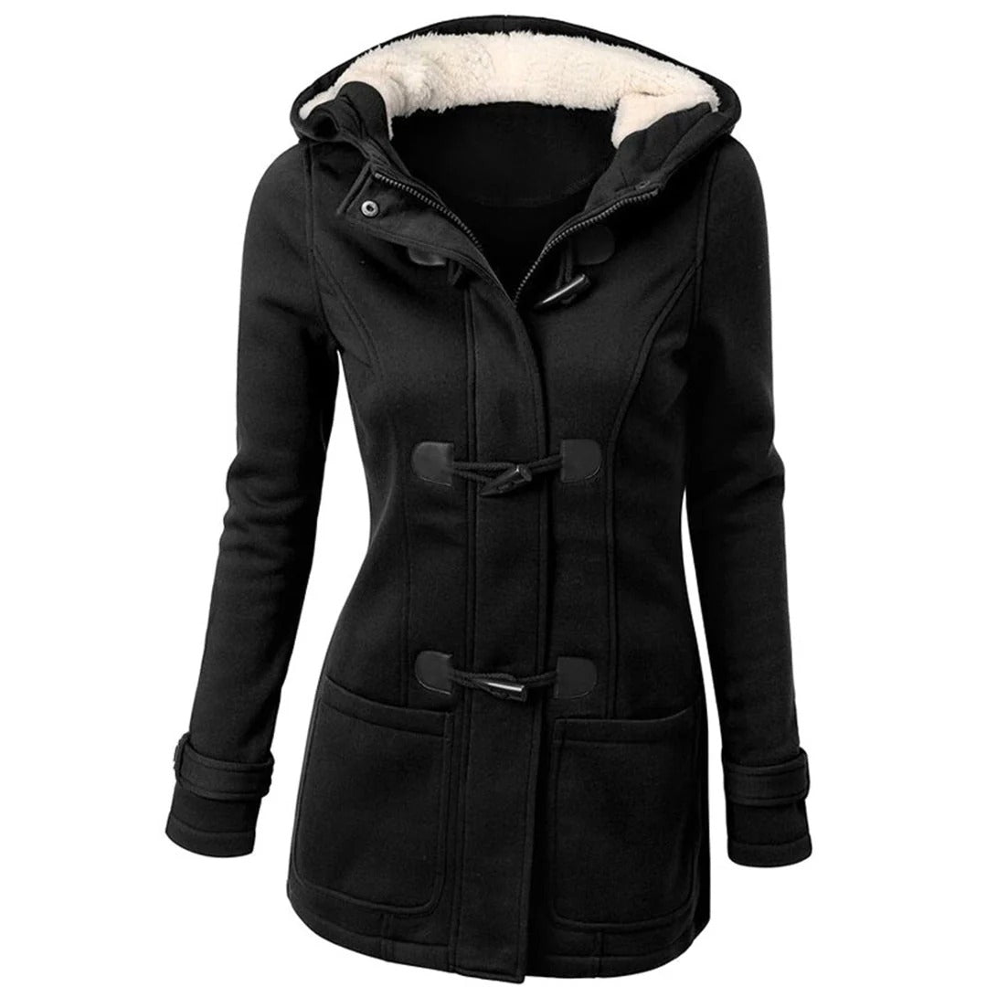 Manteau long femme – Laine mélangée – Coupe cintrée – Capuche – Fermeture brandebourg