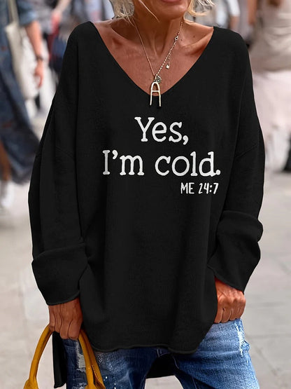Pull femme – Maille douce – Coupe oversize – Col V – Épaules tombantes – Imprimé texte
