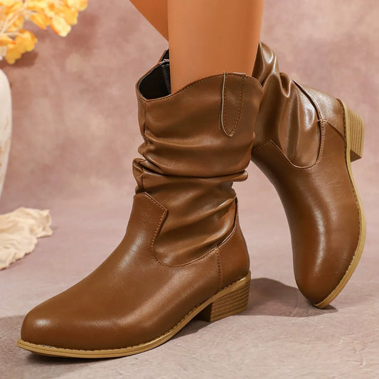 Bottes femme mi-mollet – Similicuir souple – Bout rond – Talon empilé stable