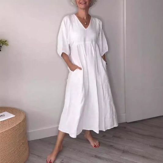 Robe midi femme – Lin et coton – Coupe ample – Col V profond – Manches retroussées – Poches