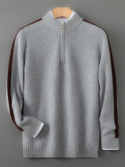 Sweat-shirt homme – Laine – Coupe classique – Demi-zip – Col et poignets côtelés