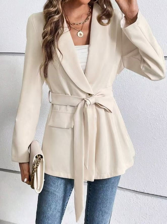 Blazer femme – Coupe slim – Ceinture à nouer – Col à revers – Longueur mi-hanche – Manches longues