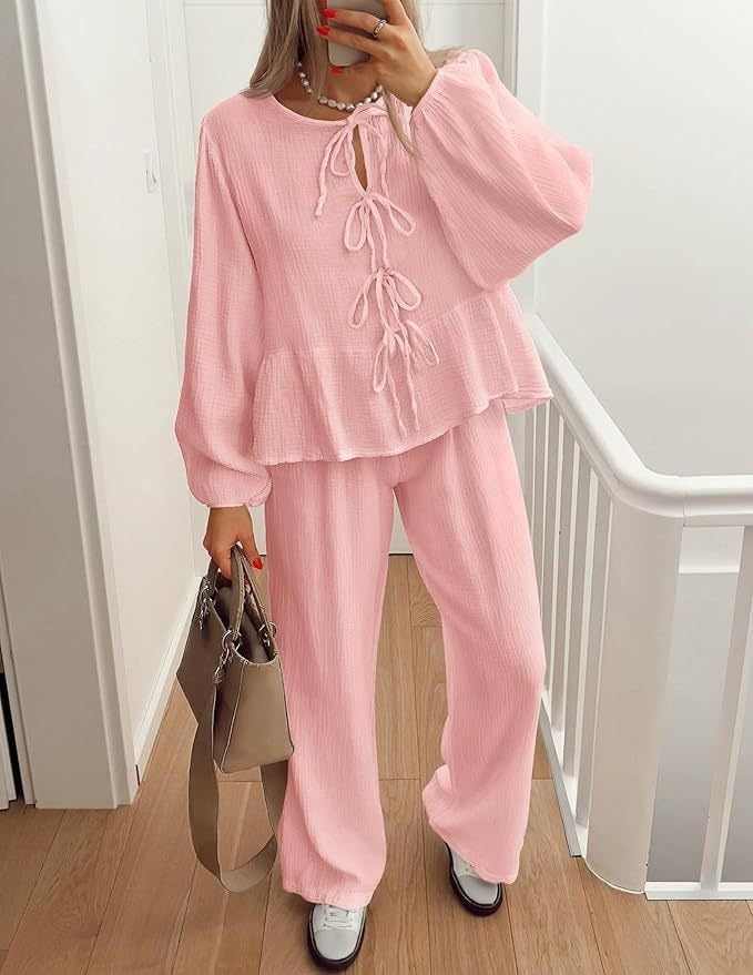 Ensemble femme – Haut col V à liens nœuds manches longues – Pantalon large taille haute