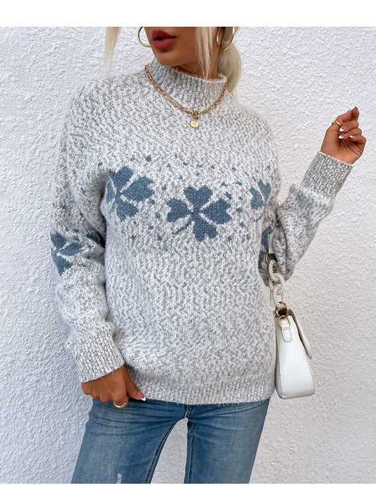 Pull femme – Laine douce – Coupe décontractée – Col montant – Manches longues côtelées