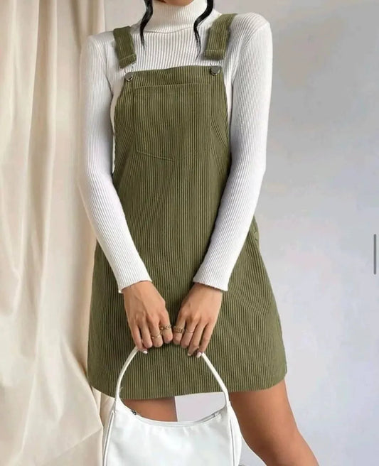 Robe Midi Femme – Côtelée – Coupe Décontractée – Bretelles Réglables – Poche Avant