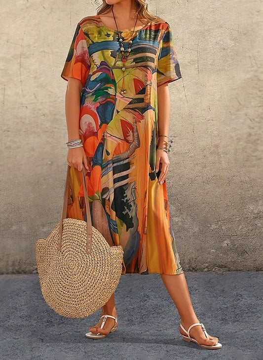 Robe midi femme – Coupe décontractée – Imprimé abstrait – Manches courtes – Col rond