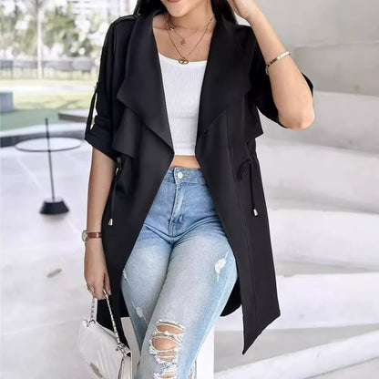 Manteau trench femme – Coupe décontractée – Taille ajustable – Manches retroussées – Longueur mi-cuisse