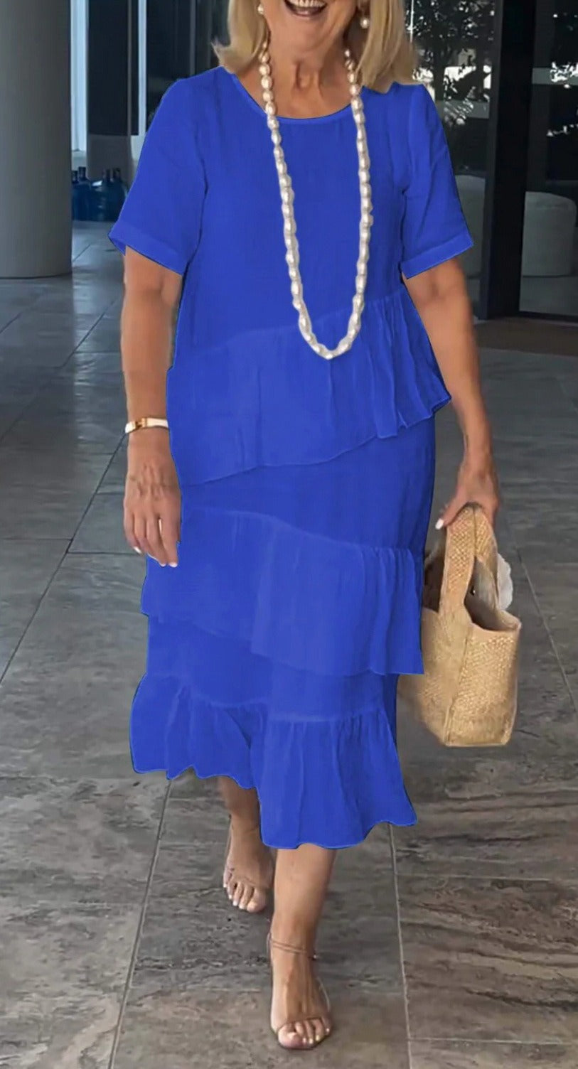 Robe longue femme – Coupe décontractée – Lin et coton – Manches courtes – Volants