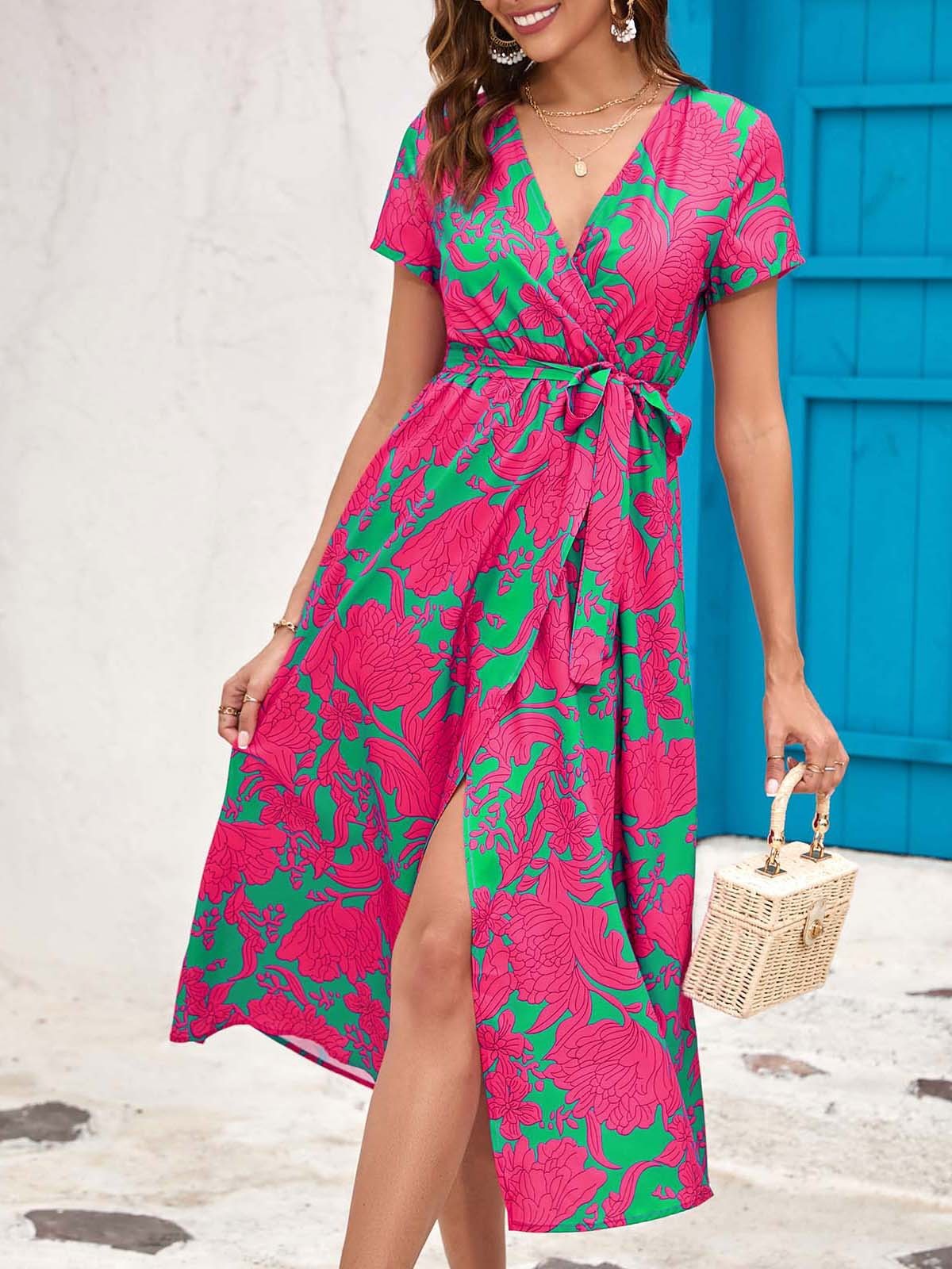 Robe midi femme – Col cache-cœur – Taille nouée – Manches courtes – Tissu imprimé