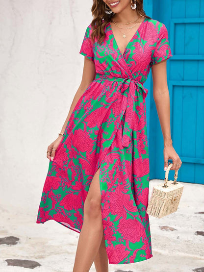 Robe midi femme – Col cache-cœur – Taille nouée – Manches courtes – Tissu imprimé