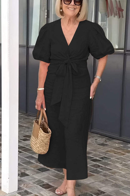 Robe femme – Coupe ajustée – Coton – Manches bouffantes – Décolleté en V – Mi-longue