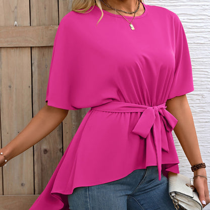 Blouse femme – Coupe décontractée – Taille nouée – Manches courtes – Tissu fluide respirant