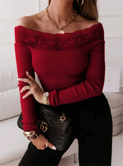 Top épaules dénudées femme – Coupe slim – Dentelle – Maille côtelée – Manches longues