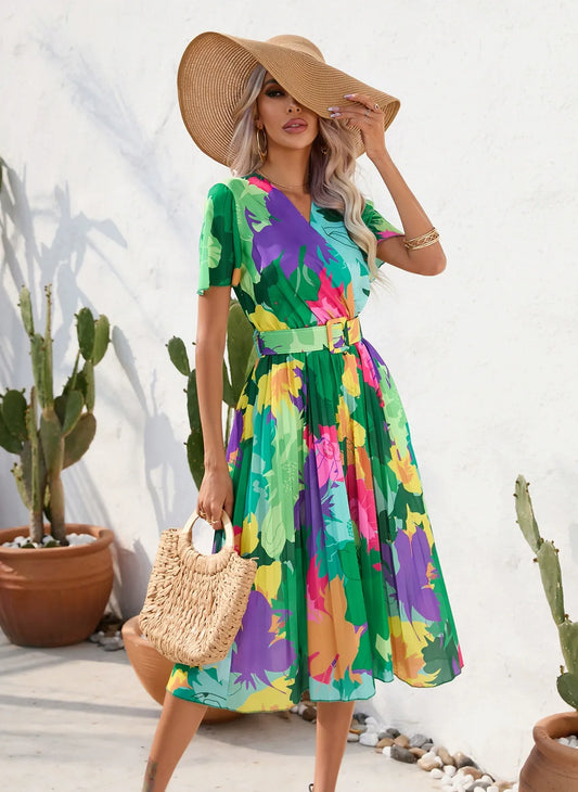 Robe midi femme – Coupe évasée – Col en V – Manches courtes – Ceinture imprimée
