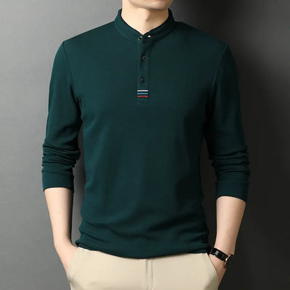 T-shirt manches longues homme – Coton – Coupe régulière – Col montant – Patte boutonnée