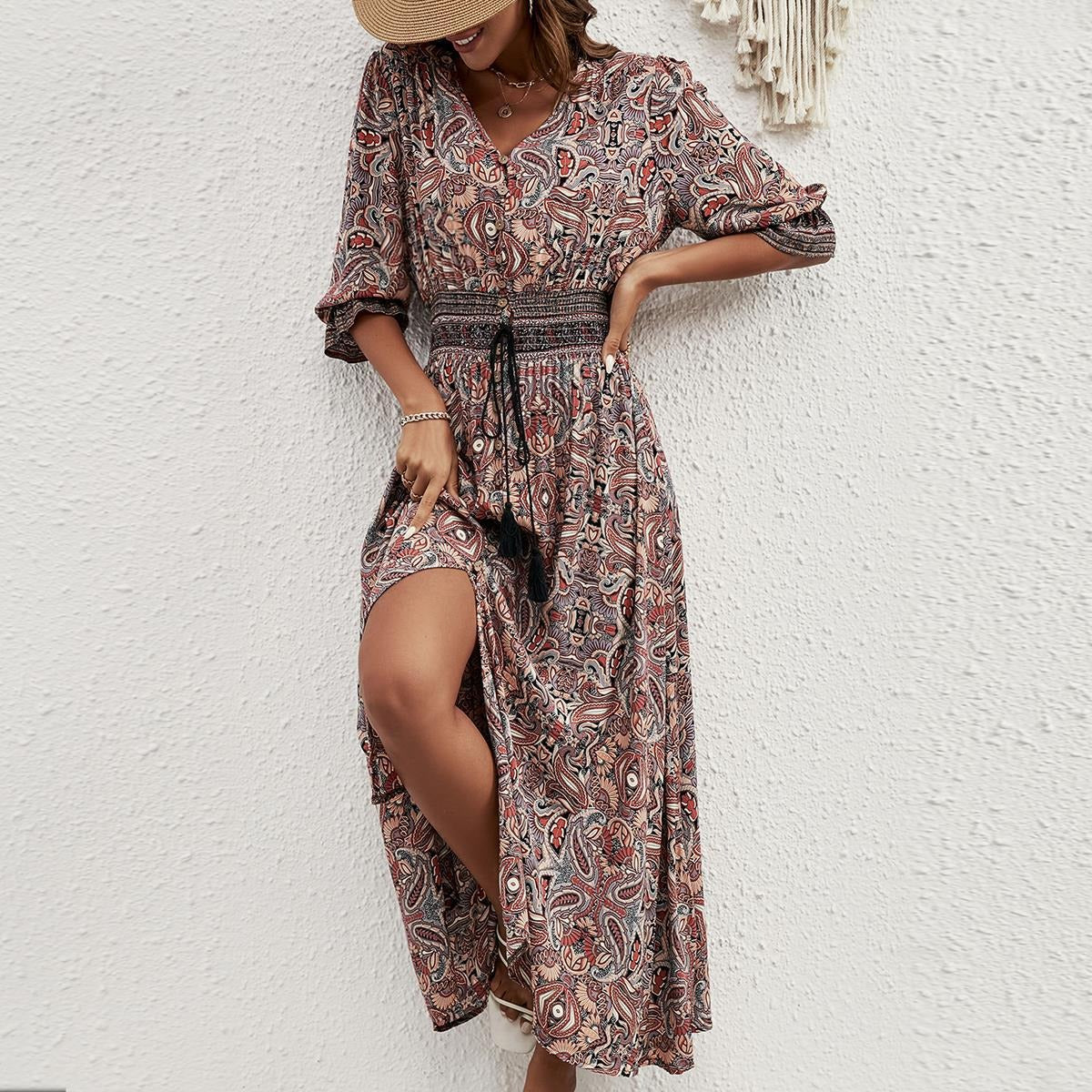 Robe midi femme – Coupe fluide – Boutonnage devant – Taille ceinturée – Manches 3/4