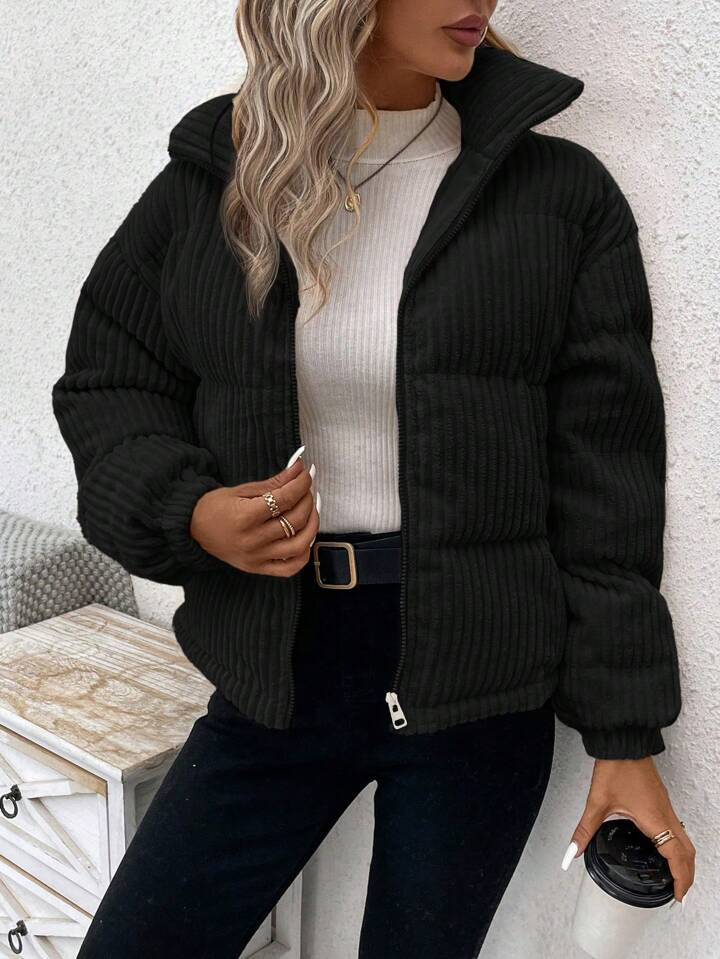 Veste femme matelassée – Velours côtelé – Coupe décontractée – Col montant zippé