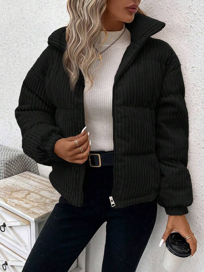 Veste femme matelassée – Velours côtelé – Coupe décontractée – Col montant zippé