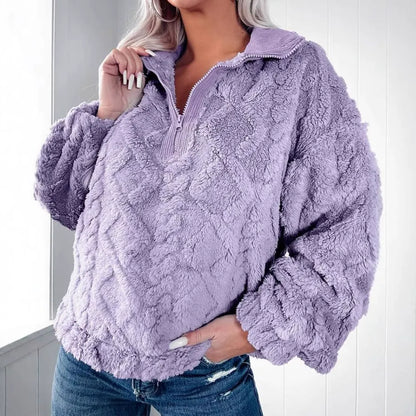 Pull femme – Coupe décontractée – Effet fourrure doux – Motif matelassé – Demi-zip