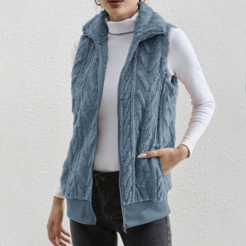 Gilet sans manches femme – Fleece jacquard – Coupe décontractée – Col montant zippé
