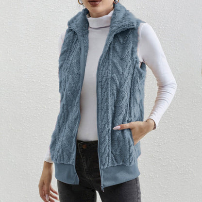 Gilet sans manches femme – Fleece jacquard – Coupe décontractée – Col montant zippé