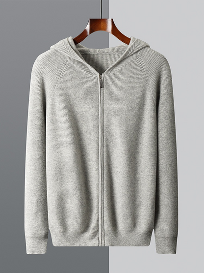 Sweat à capuche zippé homme – Maille laine – Coupe décontractée – Finitions côtelées