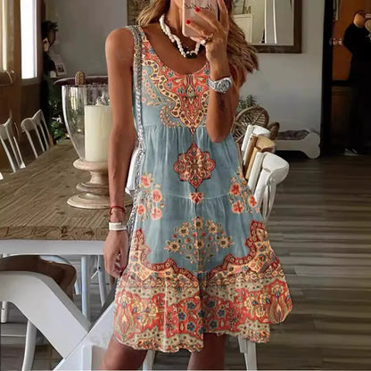 Robe Mini Femme – Coupe Évasée à Volants – Sans Manches – Décolleté en V – Imprimé Bohème