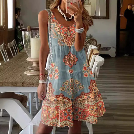 Robe Mini Femme – Coupe Évasée à Volants – Sans Manches – Décolleté en V – Imprimé Bohème