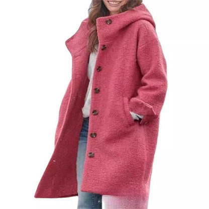 Manteau femme long – Coupe oversize – Tissu effet laine – Capuche – Boutonnage devant