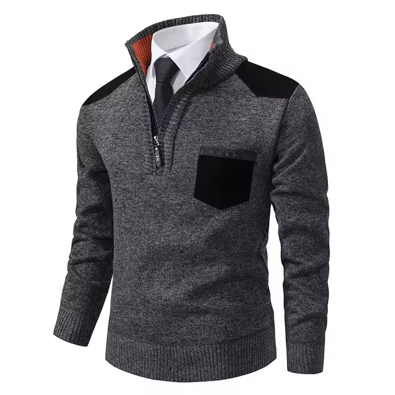 Pull homme – Coupe régulière – Laine – Demi-zip – Poche poitrine – Épaules contrastées