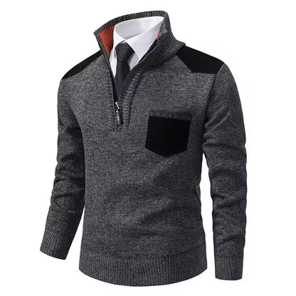 Pull homme – Coupe régulière – Laine – Demi-zip – Poche poitrine – Épaules contrastées