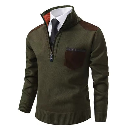 Pull homme – Coupe régulière – Laine – Demi-zip – Poche poitrine – Épaules contrastées