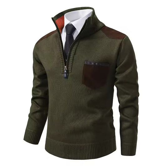 Pull homme – Coupe régulière – Laine – Demi-zip – Poche poitrine – Épaules contrastées